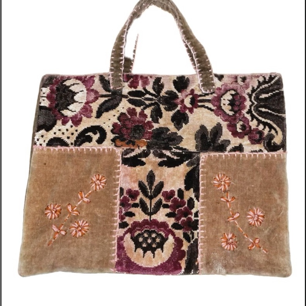 Embroidered Floral Tote Bag - Tan and Pink